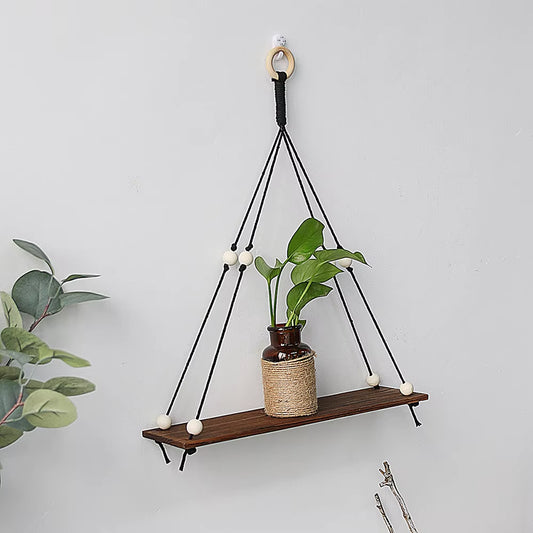 Black Woodenshelf Hanging Wall Shelves Boho Home Decor Candle Holder Macrame Storage Shelves for Bedroom Bathroom Living Room